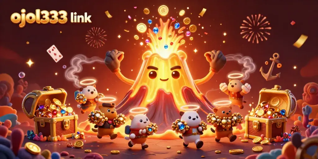 Win big with ojol333 link as the golden volcano erupts coins and treasures in this dynamic casino scene.