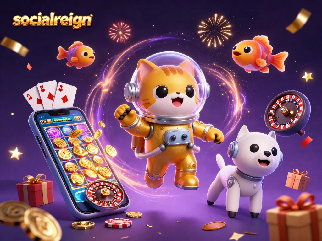 Experience the thrills of socialreign with a vibrant 3D illustration depicting exciting casino elements.