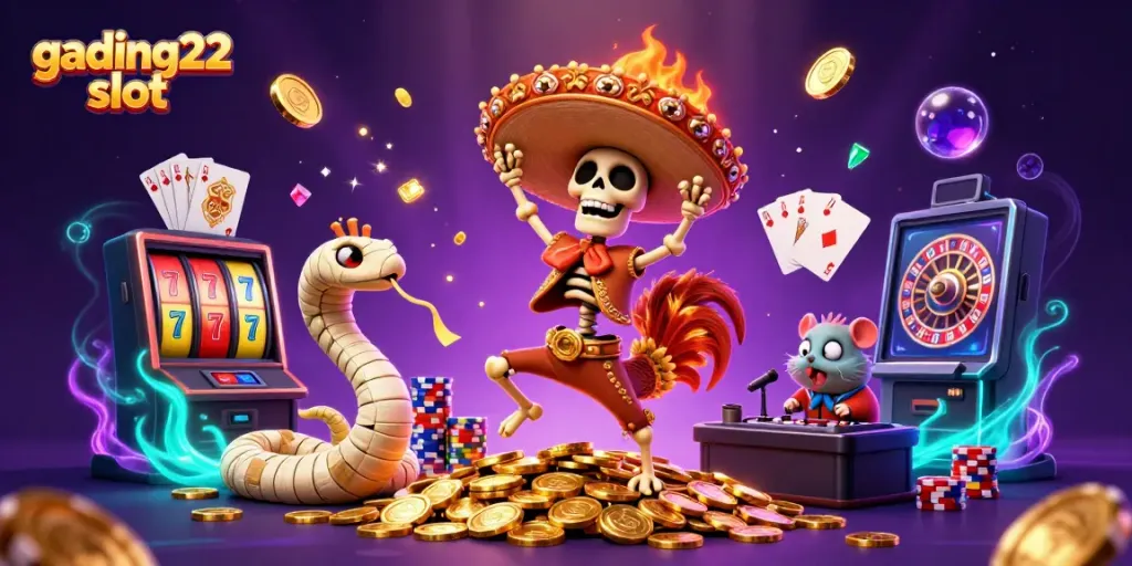 Engage with gading22 slot through a vibrant 3D scene of a skeleton rooster dancing among golden coins and dynamic game elements.