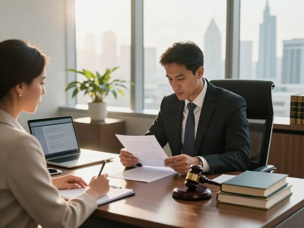 International Divorce Lawyer in Dubai consulting with a client in an elegant office setting.