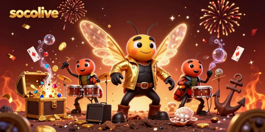Socolive presents a vibrant scene showcasing a rock star cicada with electric wings surrounded by gaming elements.
