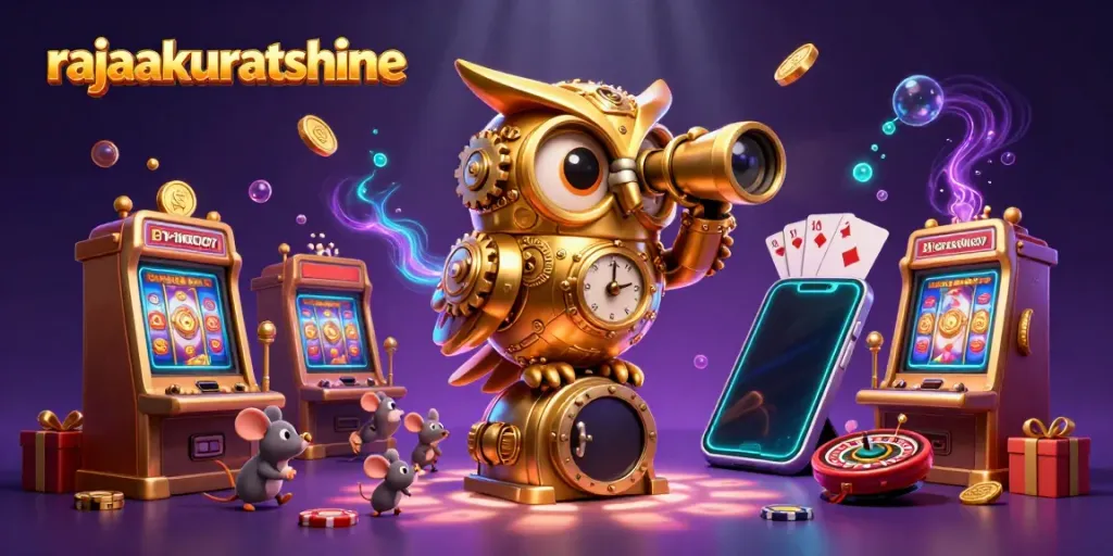 Experience the vibrant gambling world with rajaakuratshine, featuring a playful golden owl and dynamic slot elements.