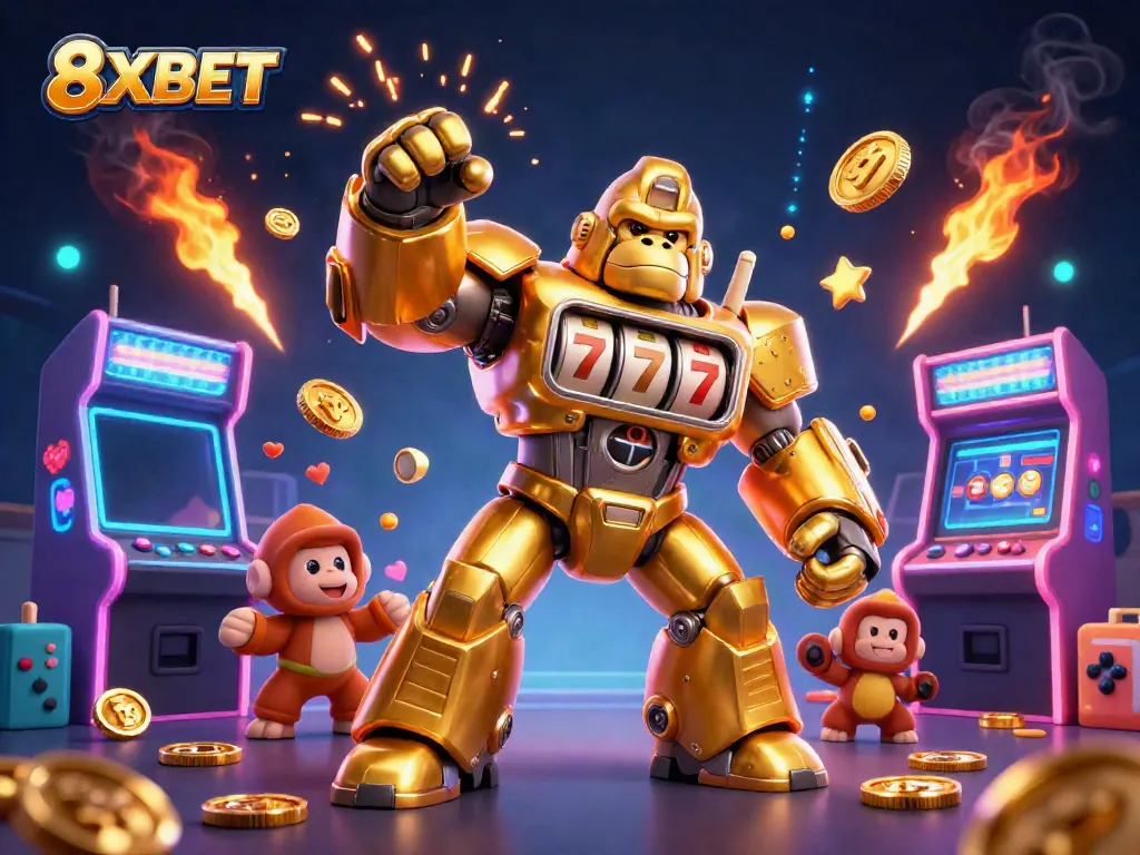 Engage with 8XBET through a vibrant 3D illustration showcasing a golden gorilla mech and arcade games for online gambling excitement.