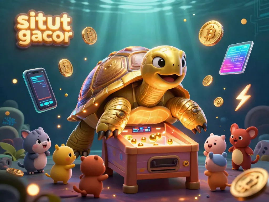 Experience the excitement of situs slot gacor with a cartoon golden tortoise in a dynamic casino scene.