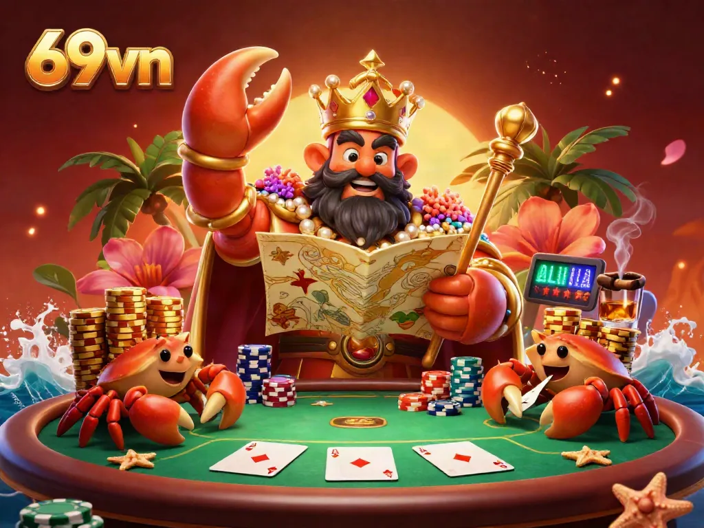Engage in exciting games at 69vn with vivid illustrations of a golden crab monarch presiding over a vibrant casino.