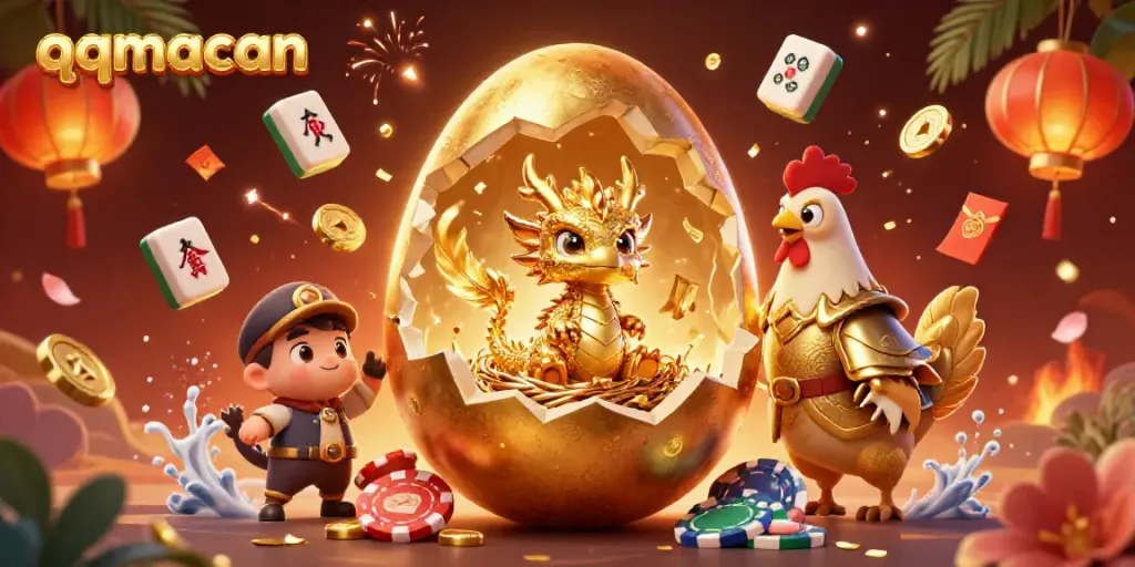 Experience the excitement of qqmacan with a vibrant scene of a golden dragon on poker chips and festive elements.