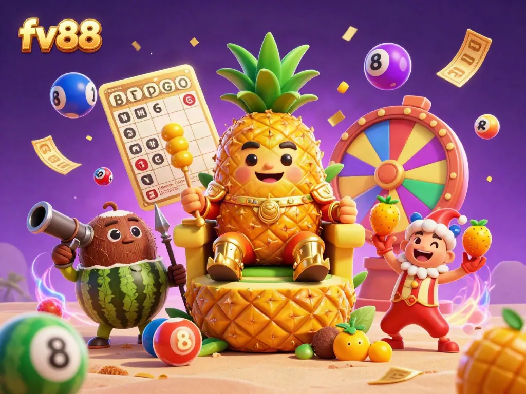 Experience exhilarating gameplay at fv 88 with a vibrant scene showcasing a pineapple king and unique casino elements.