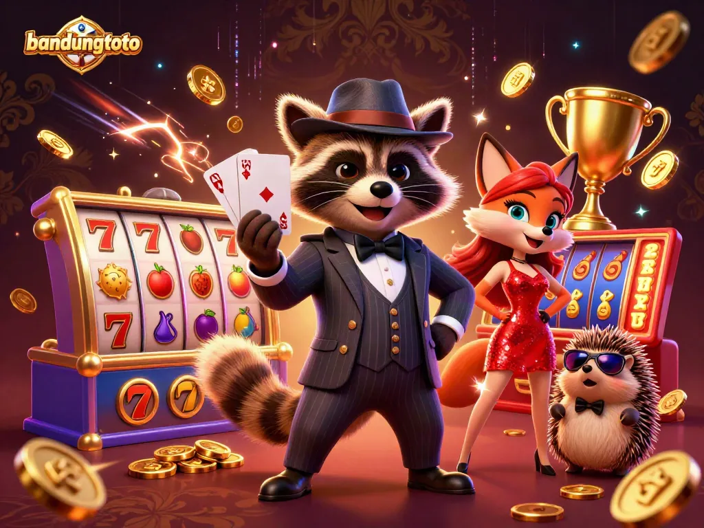 Experience the vibrant bandungtoto scene with a suave raccoon, glamorous fox, and energetic casino elements.