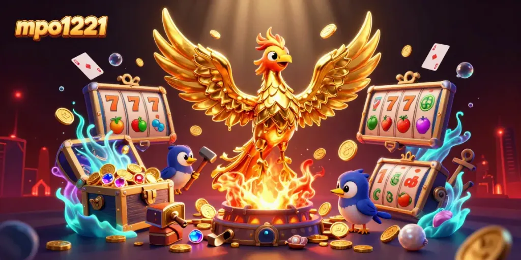 Experience thrilling slots action with mpo1221's vibrant golden phoenix and casino elements.