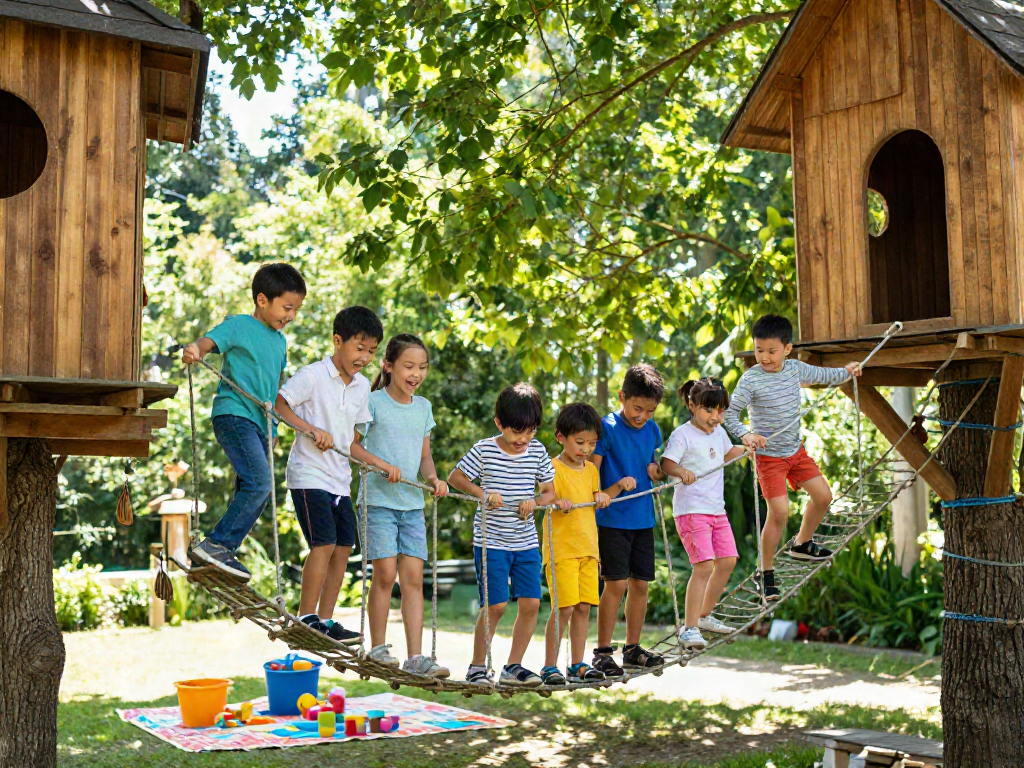 Children joyfully crossing a rope bridge between treehouses, showcasing outdoor play and adventure in a vibrant garden setting.