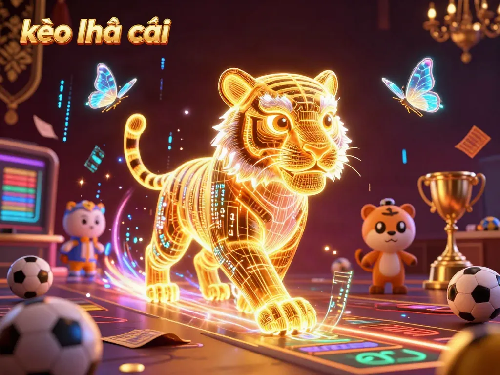 Engage with kèo nhà cái’s thrilling sports betting scene featuring an energetic neon tiger amidst vibrant visuals and gameplay elements.