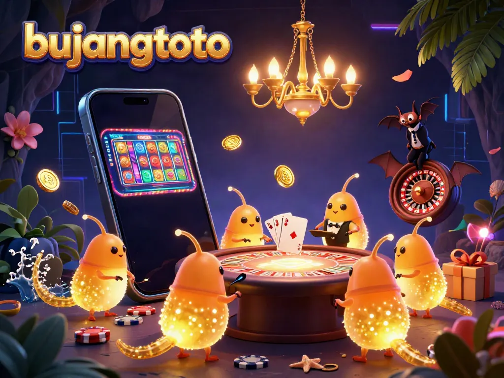 Experience the thrilling atmosphere of bujangtoto with vibrant glowworms lighting up a casino scene full of games and excitement.