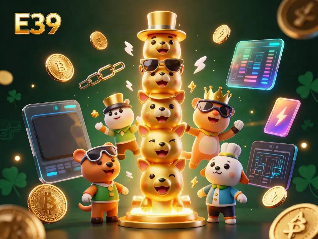 Experience thrilling gameplay at E39 with a vibrant 3D casino scene showcasing unique totems and crypto elements.