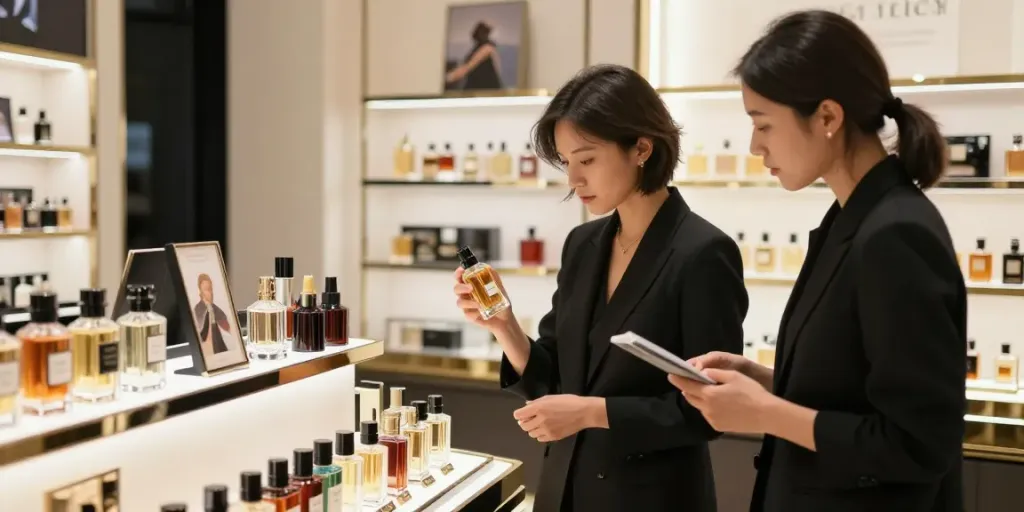 Парфюмерный магазин parfumgallery.uz, клиент выбирает оригинальные ароматы.