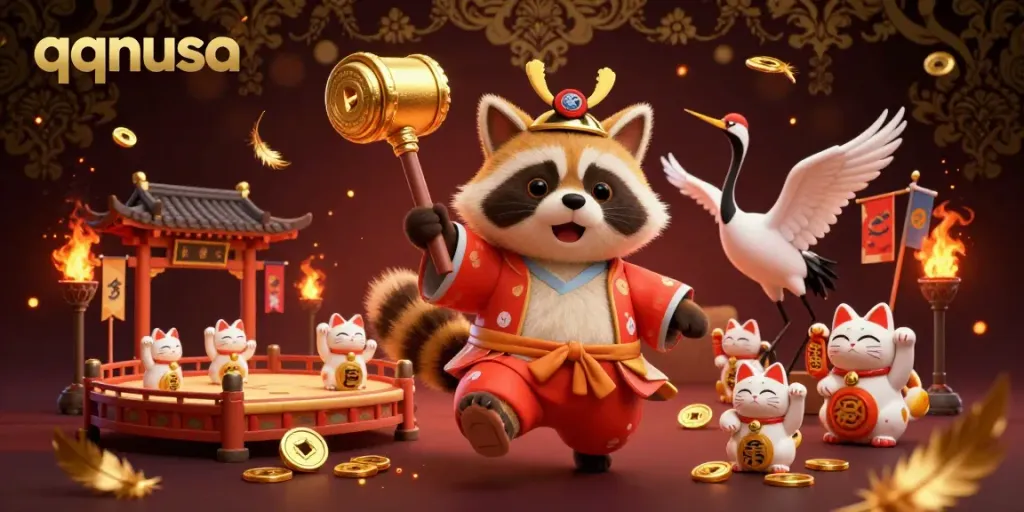 Engage with thrilling gameplay at qqnusa, showcasing a vibrant casino scene filled with festive characters and gambling elements.