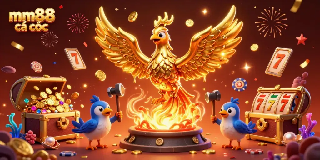 Experience the thrill of mm88 cá cược with a dynamic 3D golden phoenix surrounded by gambling elements.