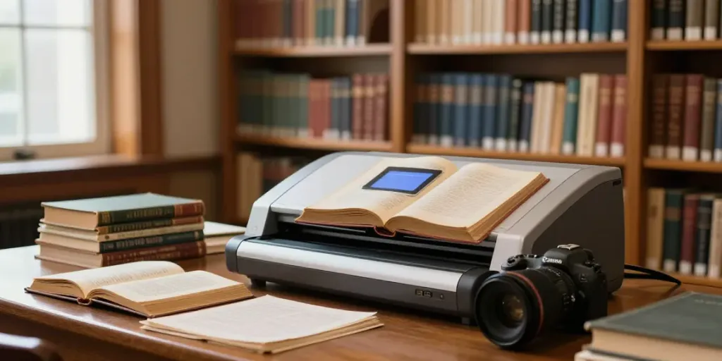 Book scanners being utilized in a serene library for digitizing books.