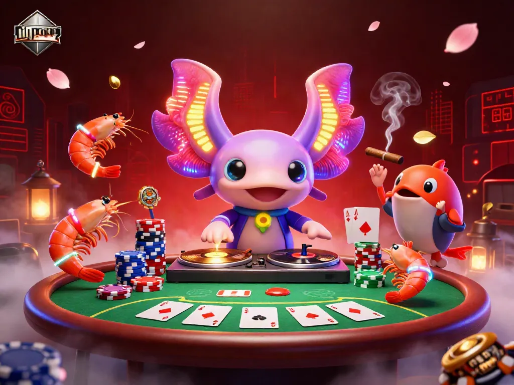 Engage with idn poker at this vibrant 3D scene featuring an axolotl DJ and colorful poker elements.