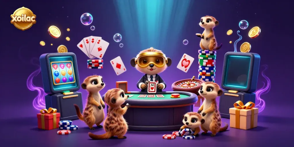 Xoilac meerkats running a vibrant casino operation with colorful slot games and rich visuals.