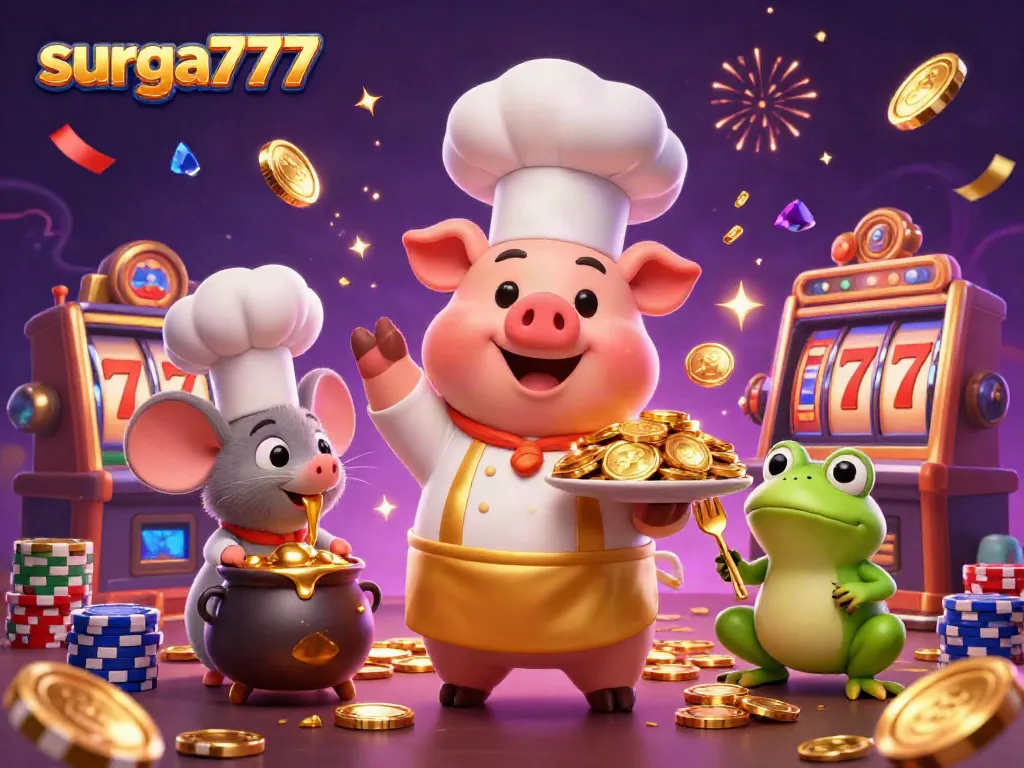Experience the thrill of surga777 with golden coins, slot reels, and colorful chips in a festive casino illustration.