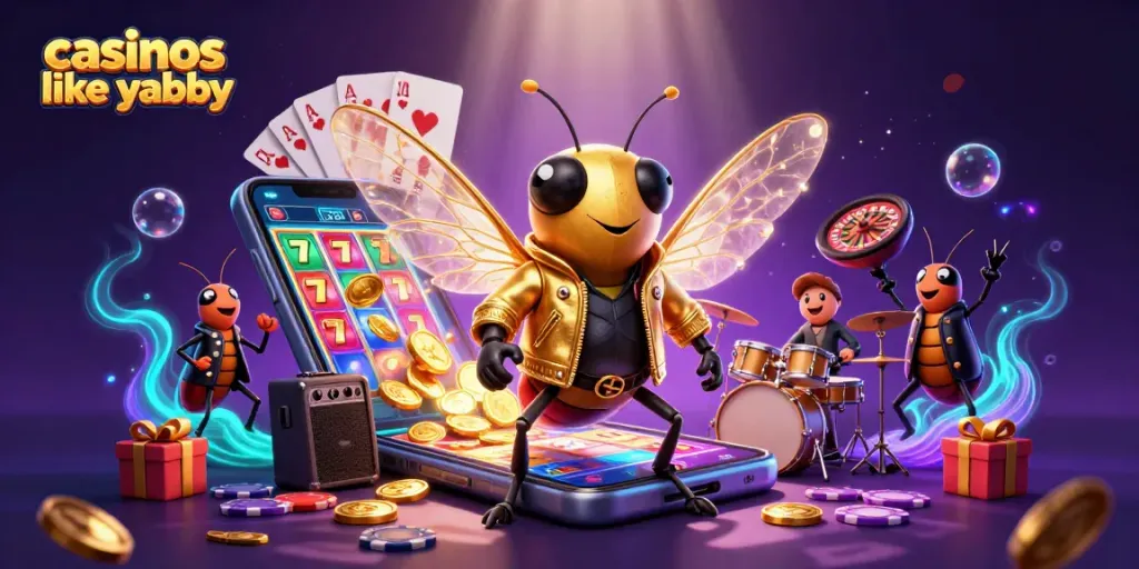 Engaging scene of casinos like yabby with a cicada rock star, slot games, and vibrant decorations