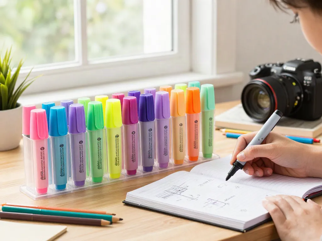 Highlighter pen supplier showcasing vibrant highlighters and a student in a creative workspace.