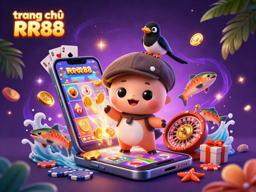 Experience winning at trang chủ RR88 with vibrant characters and dynamic gaming elements in this colorful illustration.