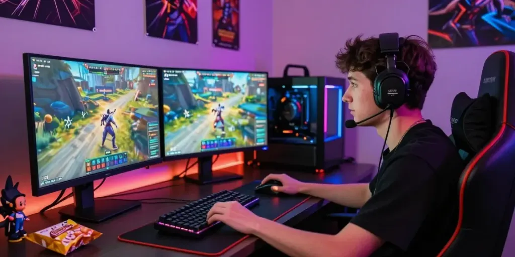 Online gaming enthusiast focusing on bigdewa login with colorful gaming setup and monitors