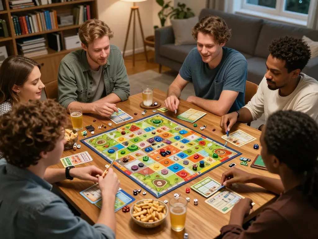 Group of friends enjoying Sildenafil-themed board games together
