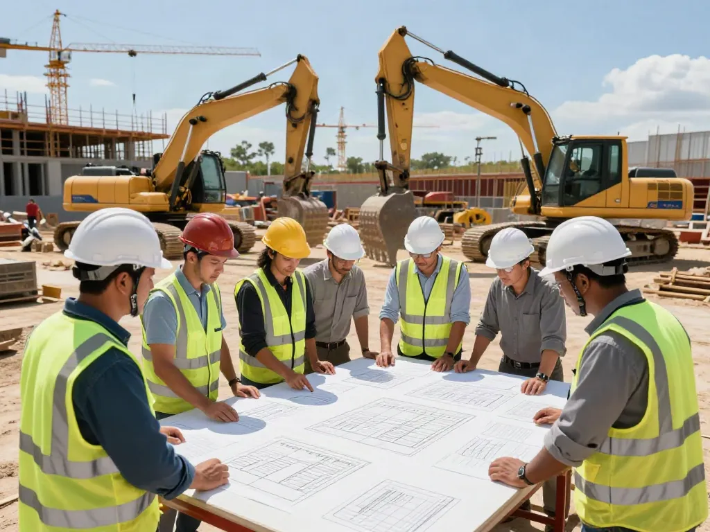 Heavy Machinery Loans team reviewing equipment financing options at a dynamic construction site with machinery in view.
