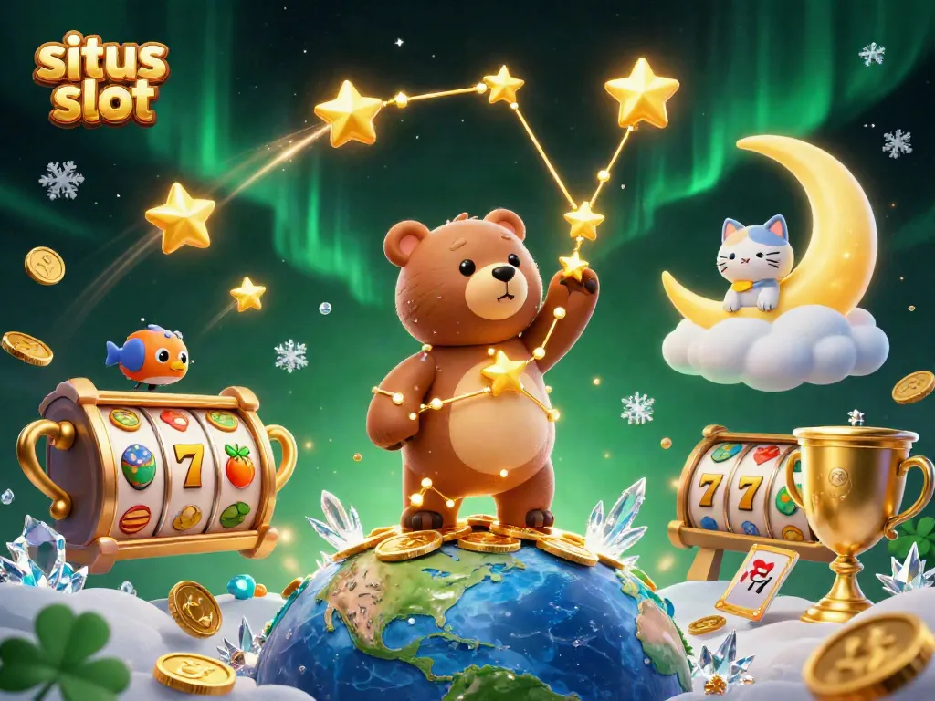 Experience the thrill of situs slot with vibrant slots, golden stars, and playful characters in an engaging casino scene.