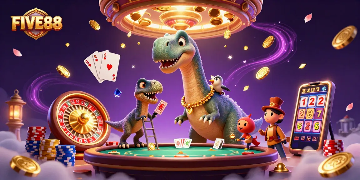 Experience the thrill of FIVE88 casino with vibrant 3D illustrations of joyful gaming moments and rich elements.