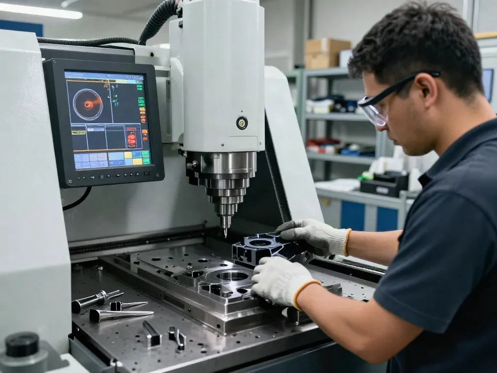 Precision CNC machining supplier's workshop with expert machinist at work.