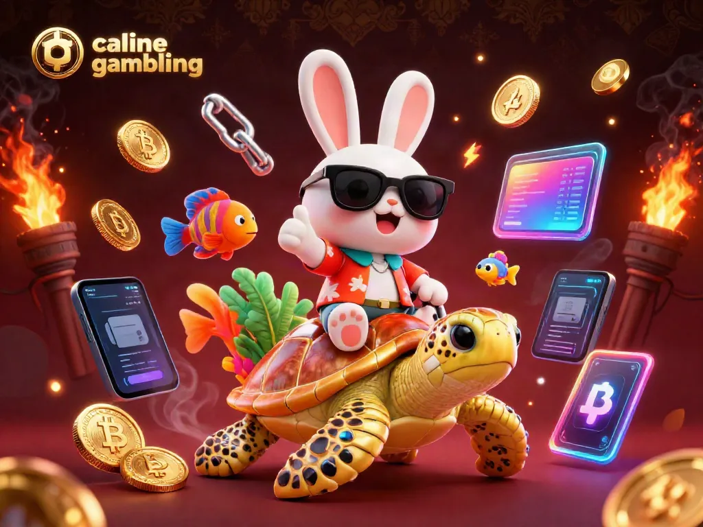 Engaging scene of an adorable lucky rabbit and golden turtle illustrating online casino gambling with neon elements.