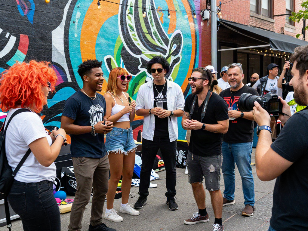 People at a celebrity look alike event, showcasing fun costumes and vibrant urban background.