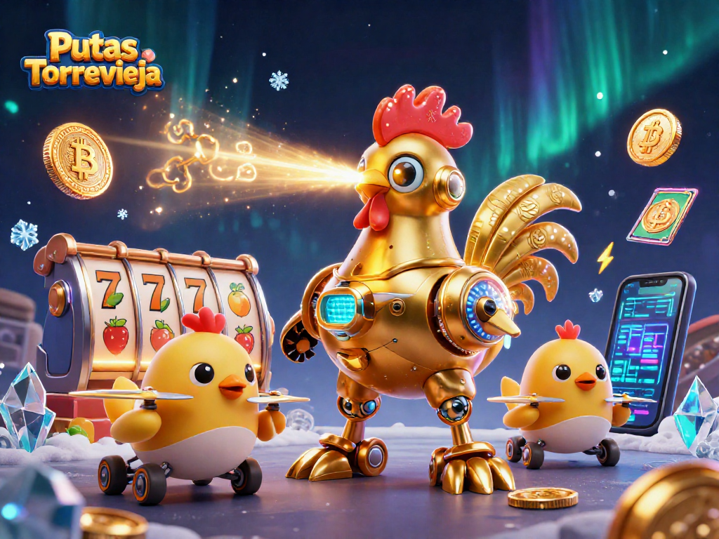 Engage with Putas Torrevieja in a thrilling casino-themed 3D illustration featuring golden rooster robots.