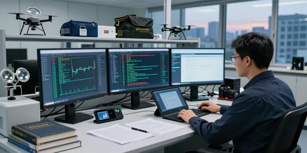 Forensic analyst examining blockchain forensics data in a high-tech lab, showcasing digital analysis.