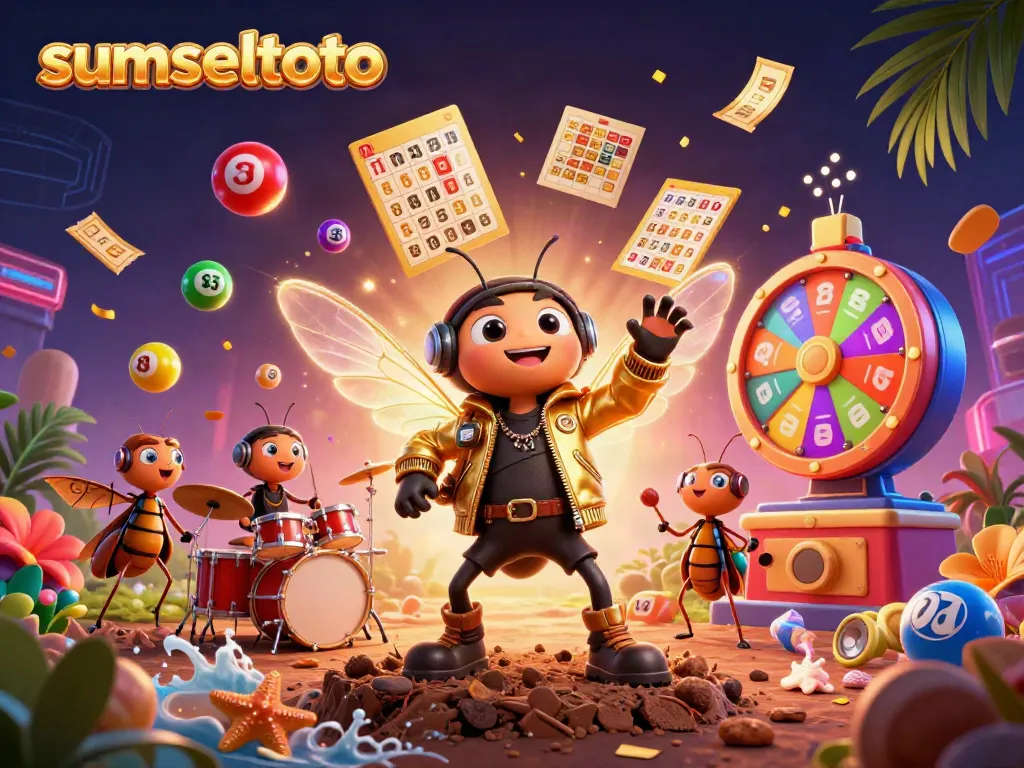 Sumseltoto vibrant lottery scene featuring a cicada rock star and lively characters in action.