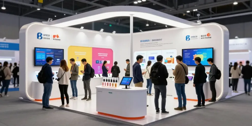 Engaging exhibition display stands attracting visitors at a bustling trade show