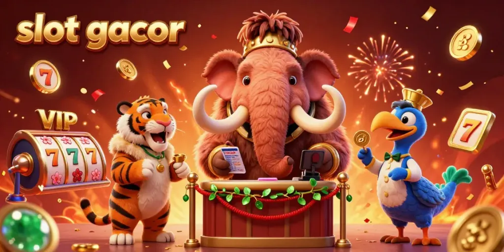 Join the excitement at slot gacor with vibrant 3D characters interacting in a dynamic casino scene filled with colorful gaming elements.