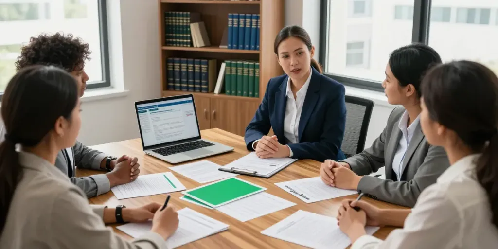 Find immigration attorney consulting with diverse clients in a professional law office.