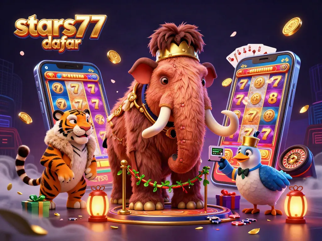 Visualisasi menampilkan stars77 daftar dengan karakter mammoth kasino, harimau VIP, dan burung dodo, di tengah elemen permainan kasino.
