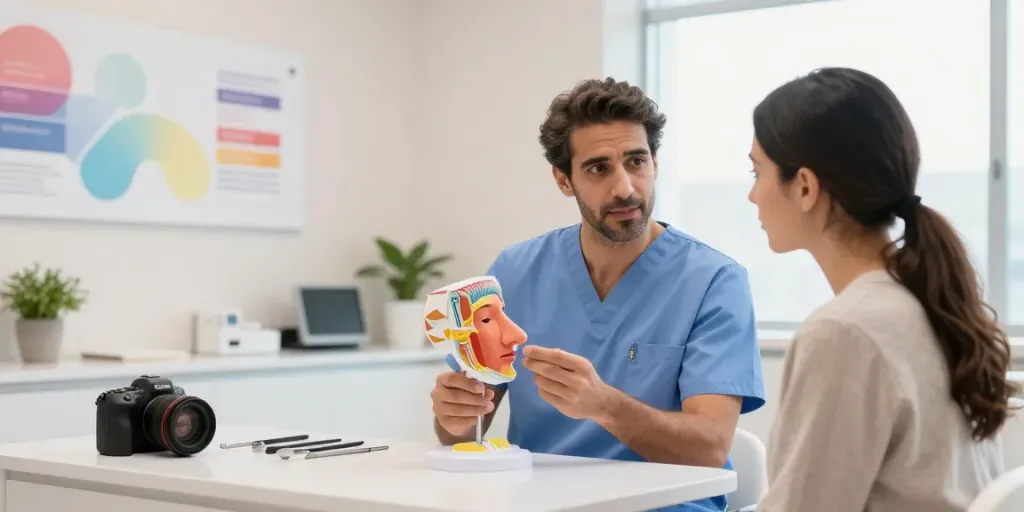 Dr. Zahi Abou Chacra demonstrating nose anatomy to a patient in a modern clinic.