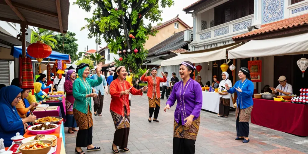 Community celebration of Nyonya4D culture with friends in traditional attire at a vibrant festival.