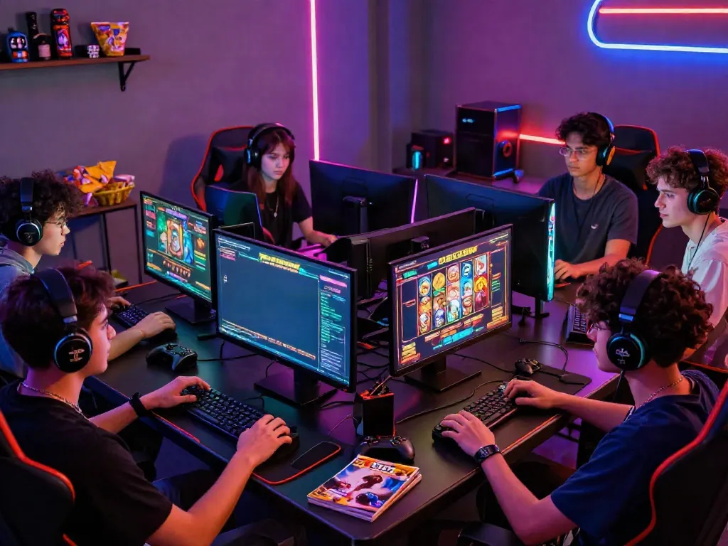 Friends engaged in thrilling slot gacor gameplay with vibrant graphics