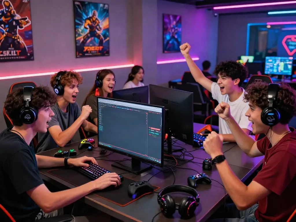 Friends celebrating during an exciting PSGSLOT gaming night in a modern lounge.
