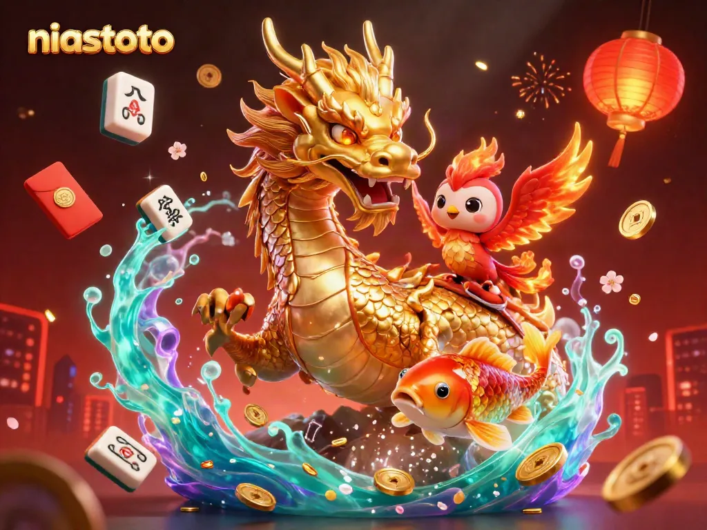 Experience niastoto's thrilling gaming adventure with golden dragon and phoenix in a vibrant casino scene.