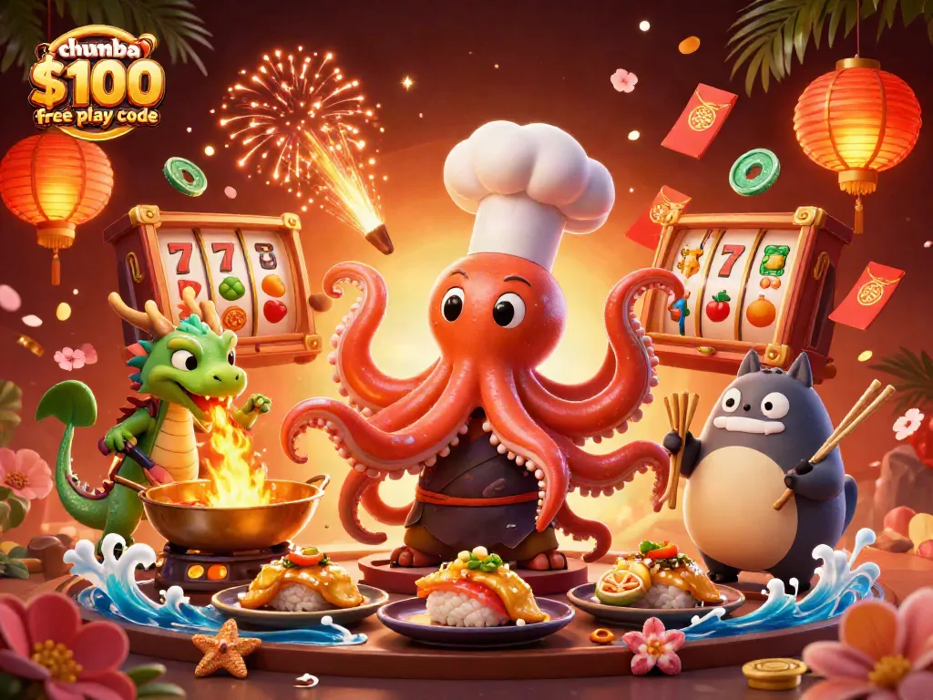 Engage with the thrilling chumba casino $100 free play code featuring an octopus chef and dragon amidst slot fun.