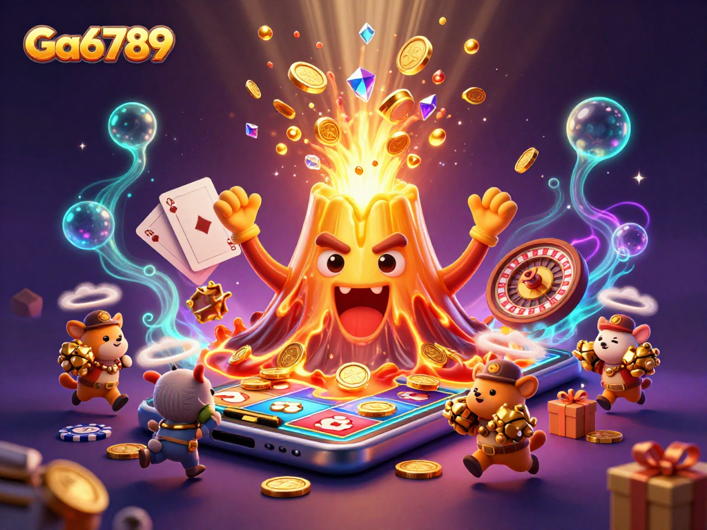 Play slots like Ga6789 with a lively scene of a golden volcano erupting treasure and excitement.