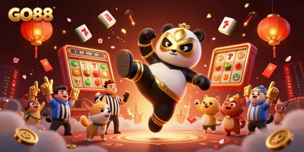 Experience the excitement of GO88 with a vibrant casino scene featuring a lucky panda in action.